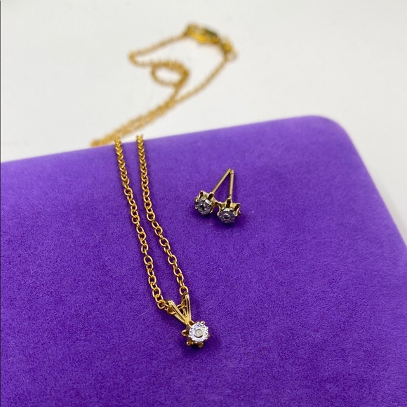 💛 Vintage 18k Gold Plated Diamond Earring & Necklace Jewelry Set - Picture 1 of 5